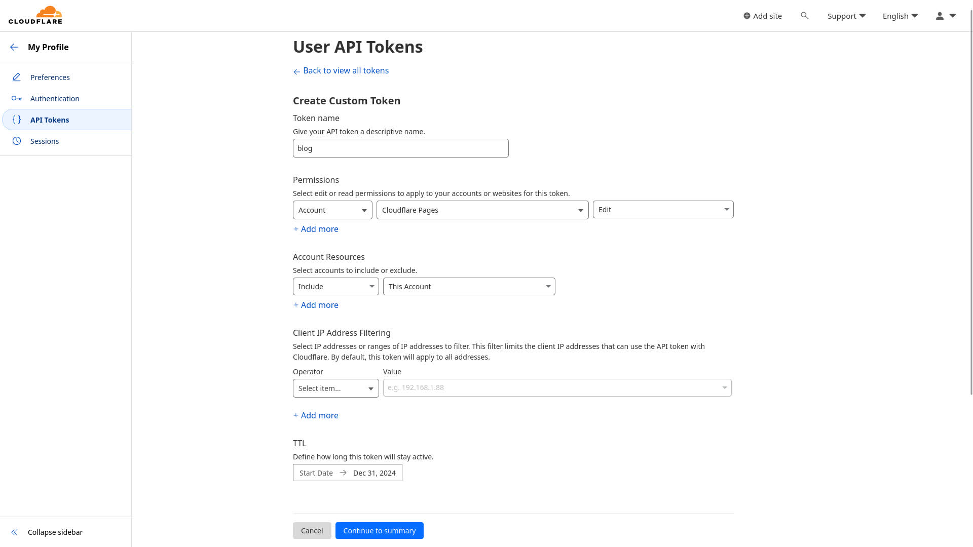 Parametri del token API