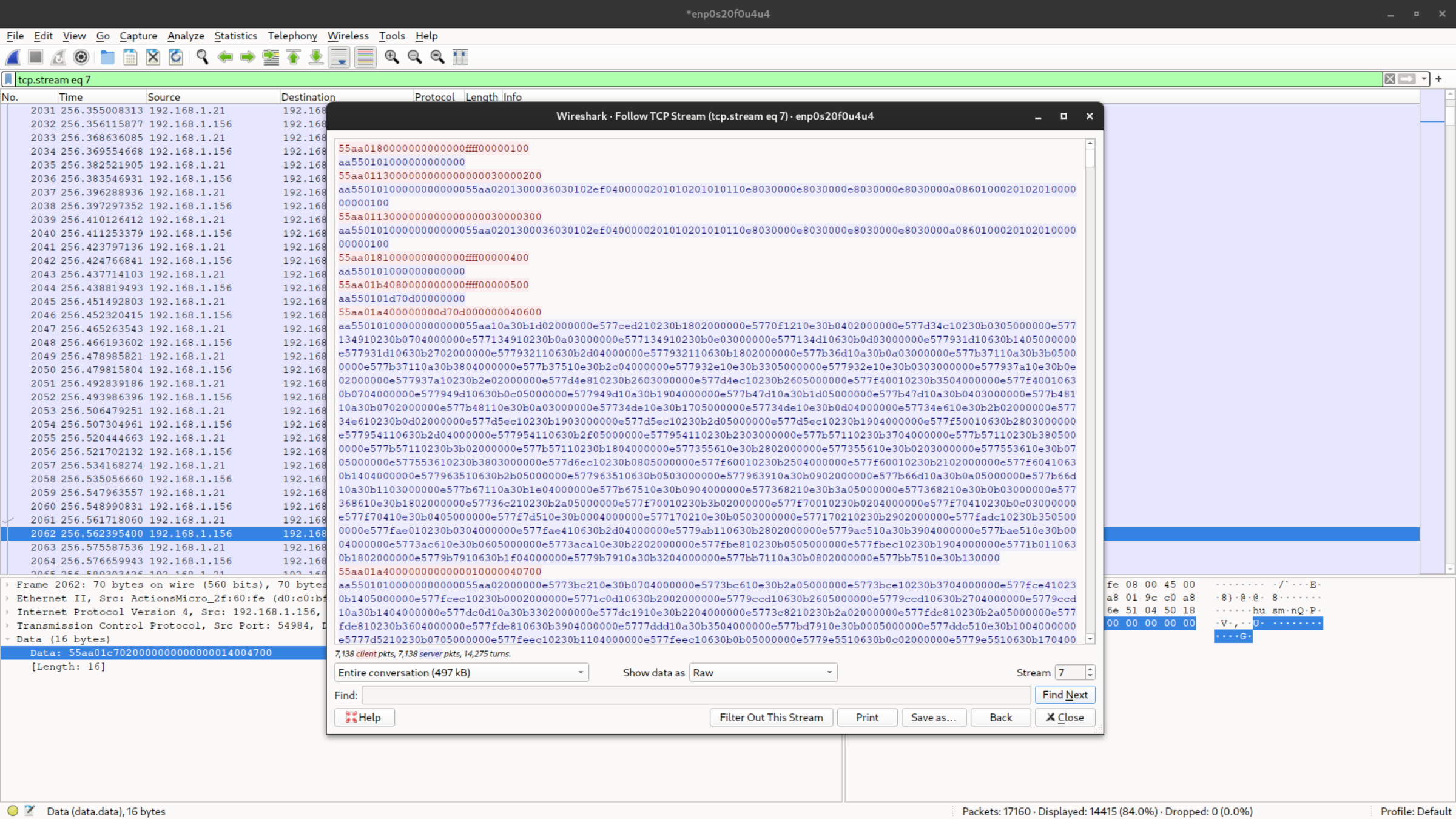 Lo stream TCP mostrato da Wireshark