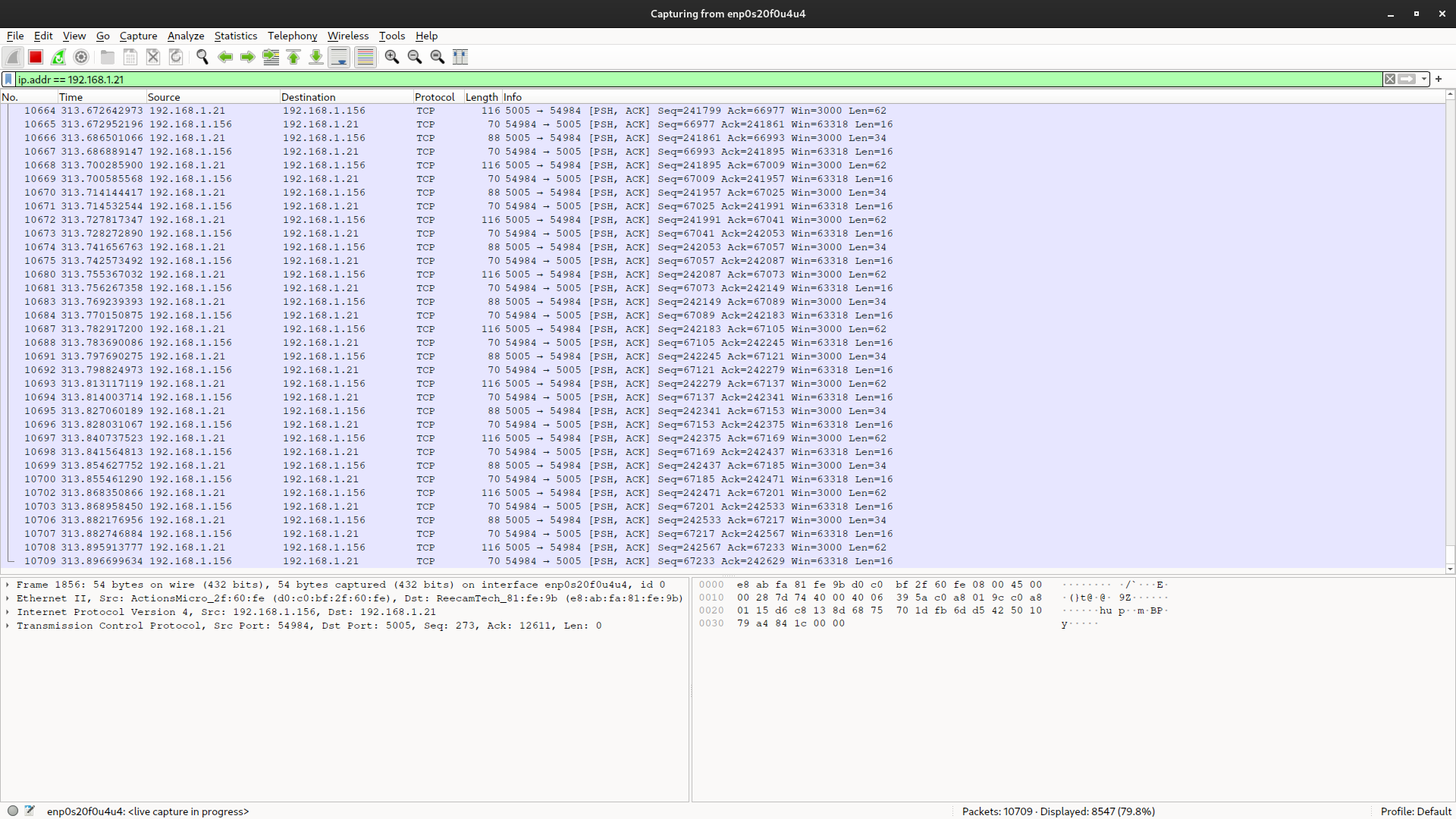 The
packets exchanged between the client and the device. Wireshark with the IP filter